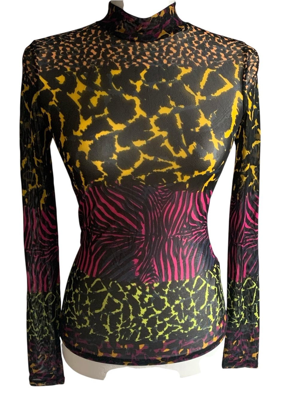 Guess Statement Top Sheer Mesh Mock Neck LS Abstract Animal Black Fuchsia Gold S - Picture 3 of 10